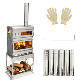 Wood Burning Stove with Oven and Rack - Camping Tent Stove with Chimney Pipe, Stainless Steel Hot Tent Stove for Outdoor, Cooking, Hiking